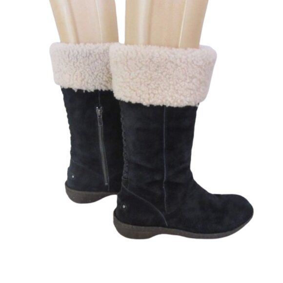 UGG Black Karyn Mid Calf Sheepskin Cuff Suede Leather Boots Size 7 Womens Side Z - Picture 3 of 7